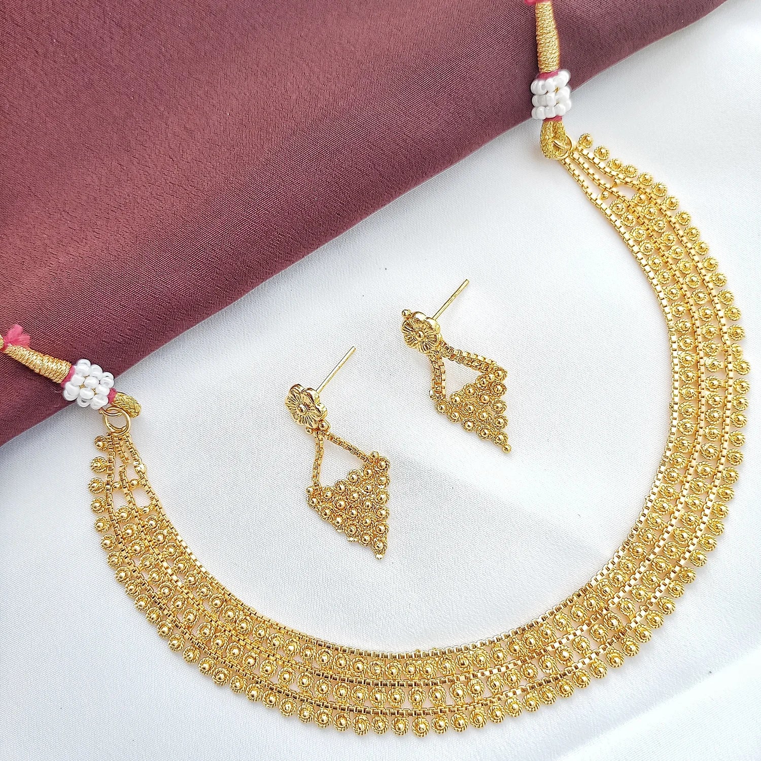 Classic Gold Beaded South Indian Necklace Set with Earrings