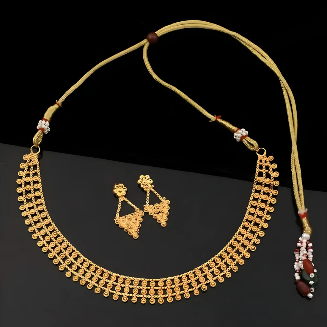 Classic Gold Beaded South Indian Necklace Set with Earrings