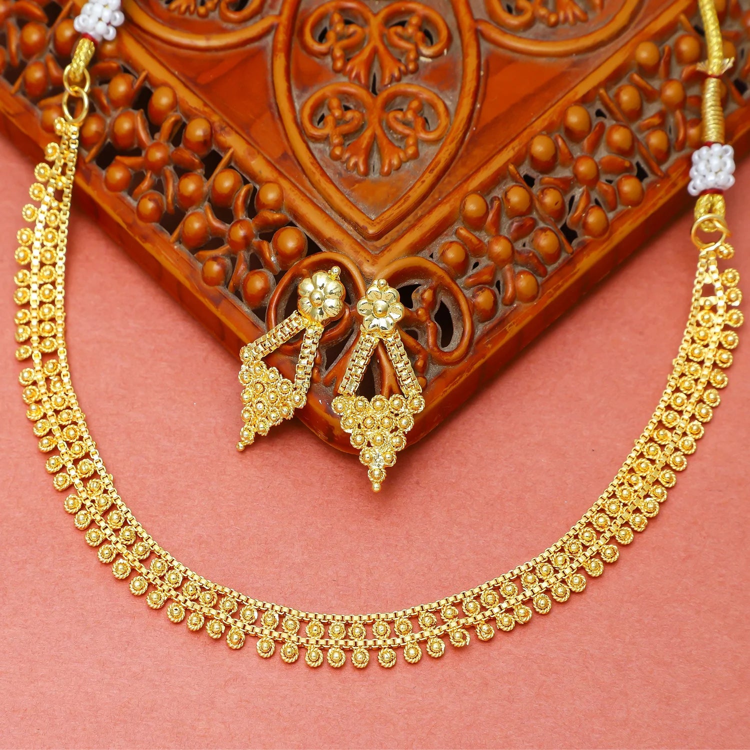 Elegant Gold Beaded South Indian Necklace Set with Earrings