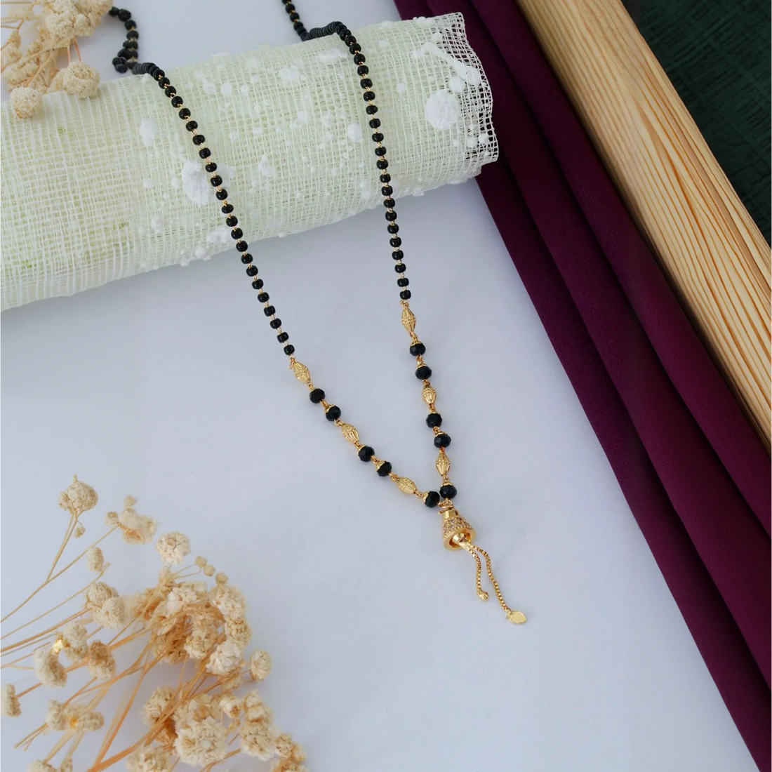 Stylish Gold Plated Black Beads Mangalsutra Necklace for Women