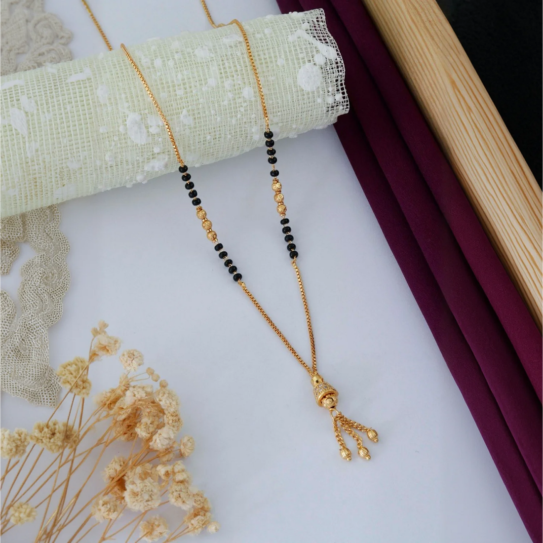 Minimal Gold Plated Black Beads Mangalsutra Necklace for Women