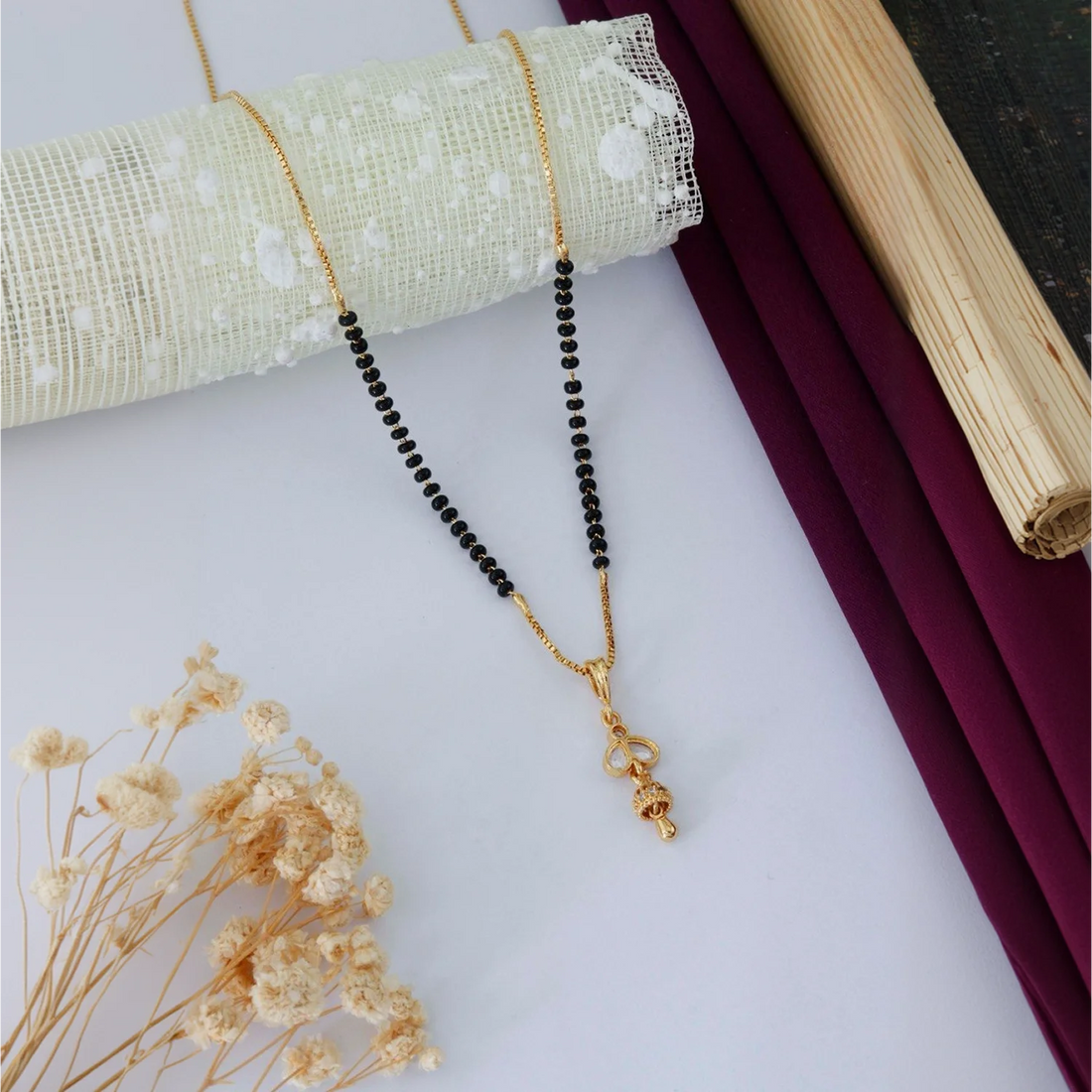 Minimal Gold Plated Black Beads Mangalsutra Necklace for Women