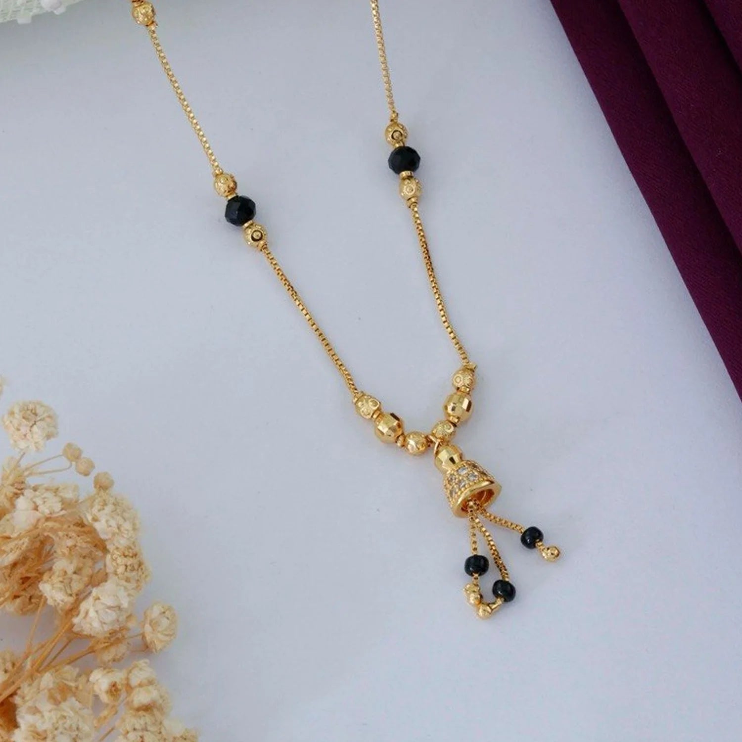 Minimal Gold Plated Black Beads Mangalsutra Necklace for Women