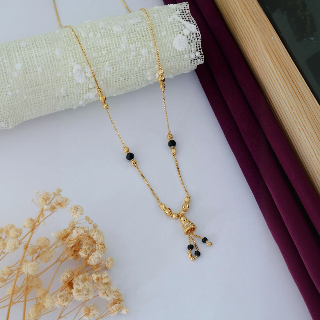 Minimal Gold Plated Black Beads Mangalsutra Necklace for Women