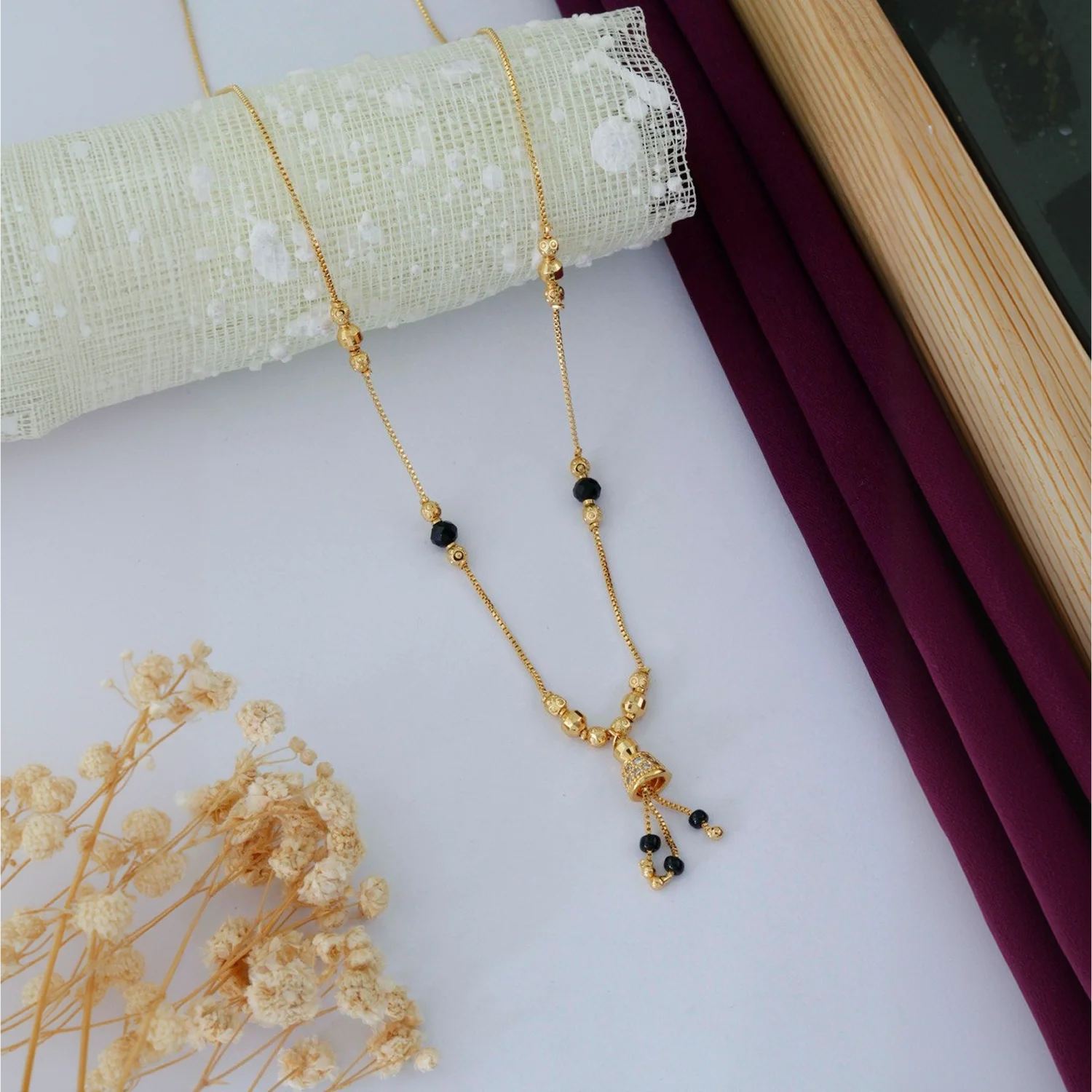 Minimal Gold Plated Black Beads Mangalsutra Necklace for Women