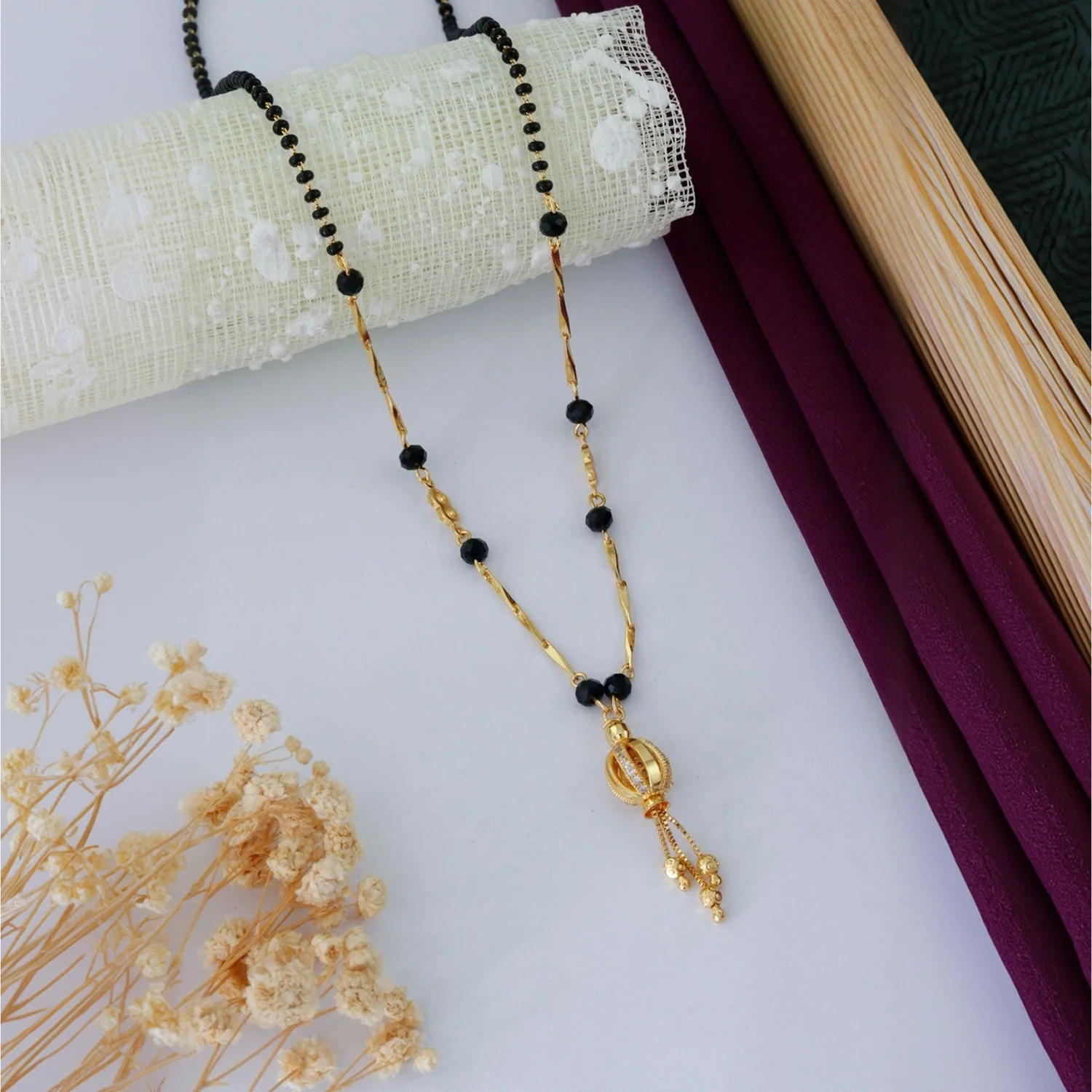 Stylish Gold Plated Black Beads Mangalsutra Necklace for Women