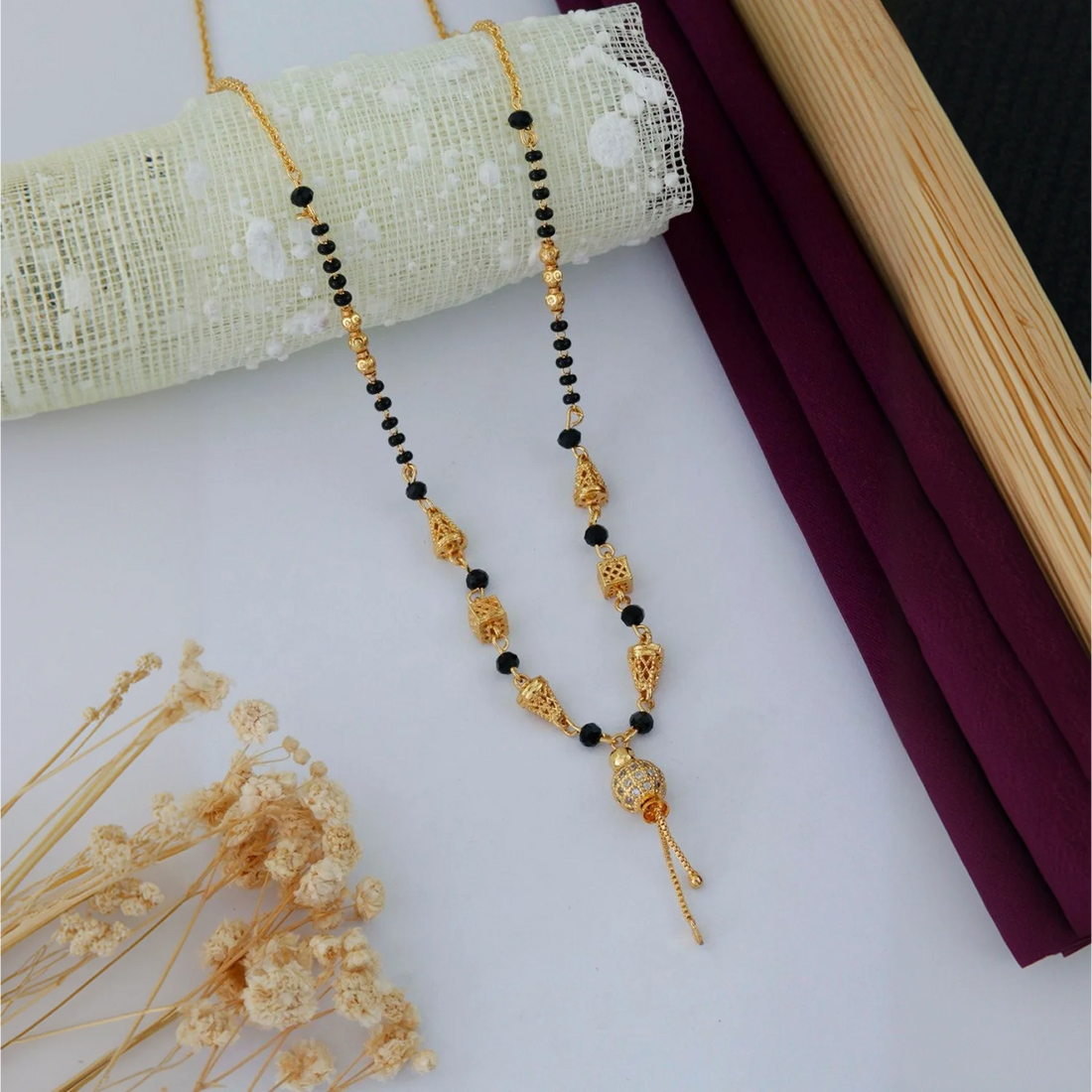 Traditional Gold Plated Black Beads Mangalsutra with Designer Pendant