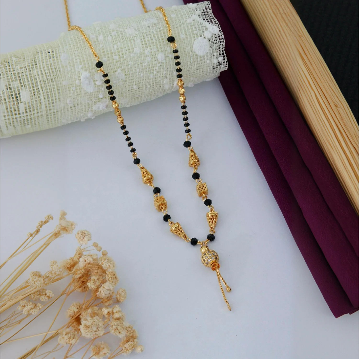 Traditional Gold Plated Black Beads Mangalsutra with Designer Pendant