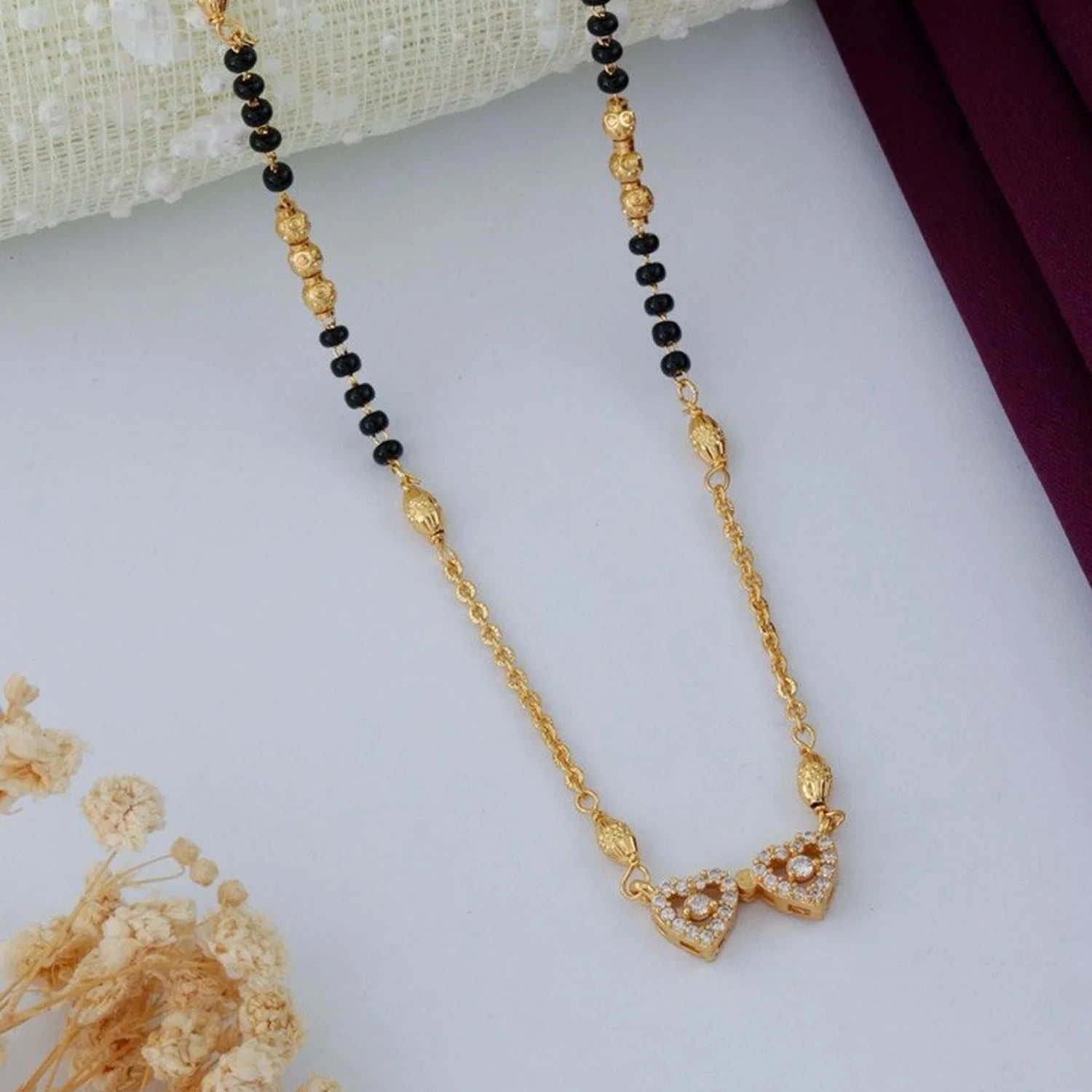 Elegant Dual Heart Gold Plated Black Beads Mangalsutra for Women