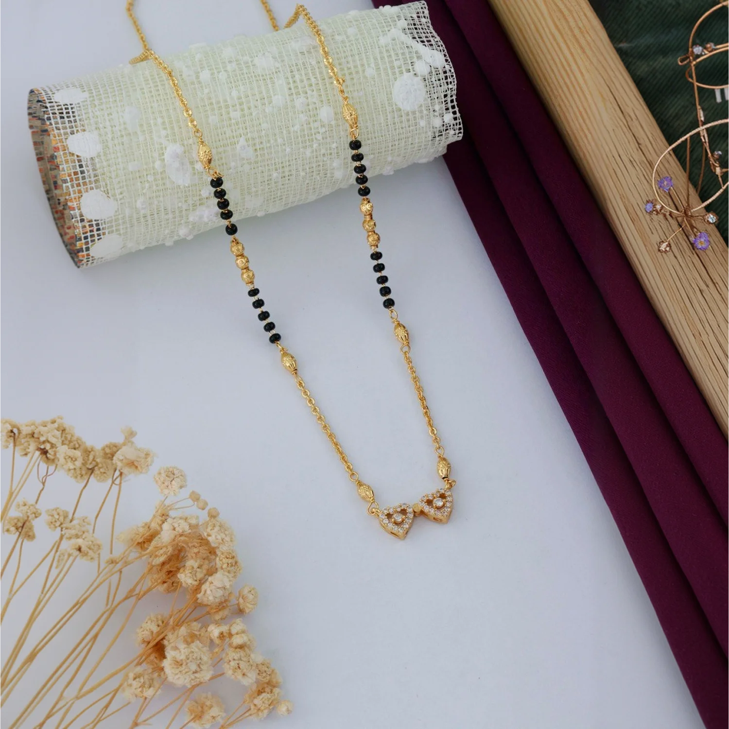 Elegant Dual Heart Gold Plated Black Beads Mangalsutra for Women