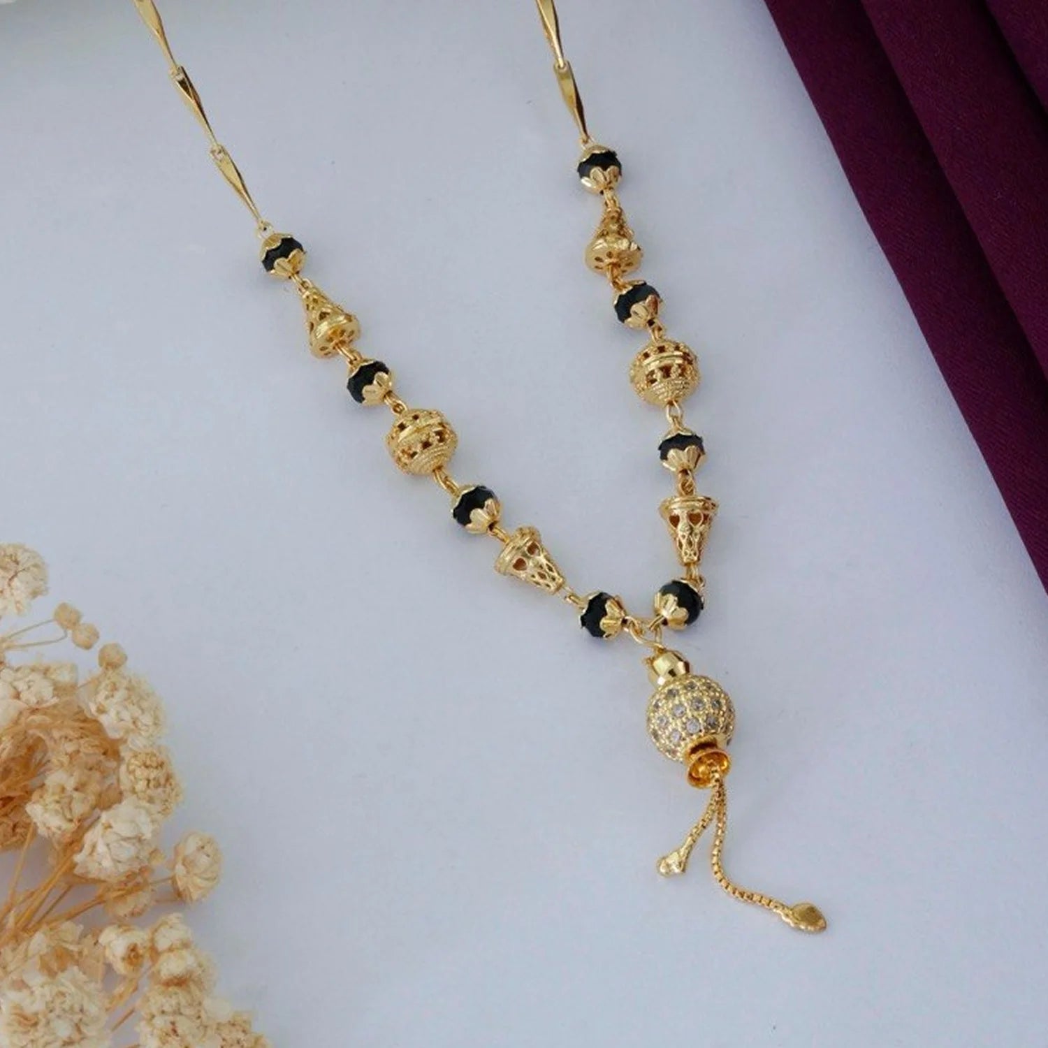 Designer Gold Plated Black Beads Mangalsutra Chain