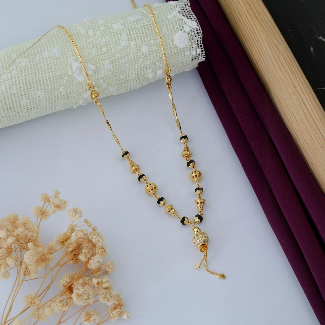 Designer Gold Plated Black Beads Mangalsutra Chain