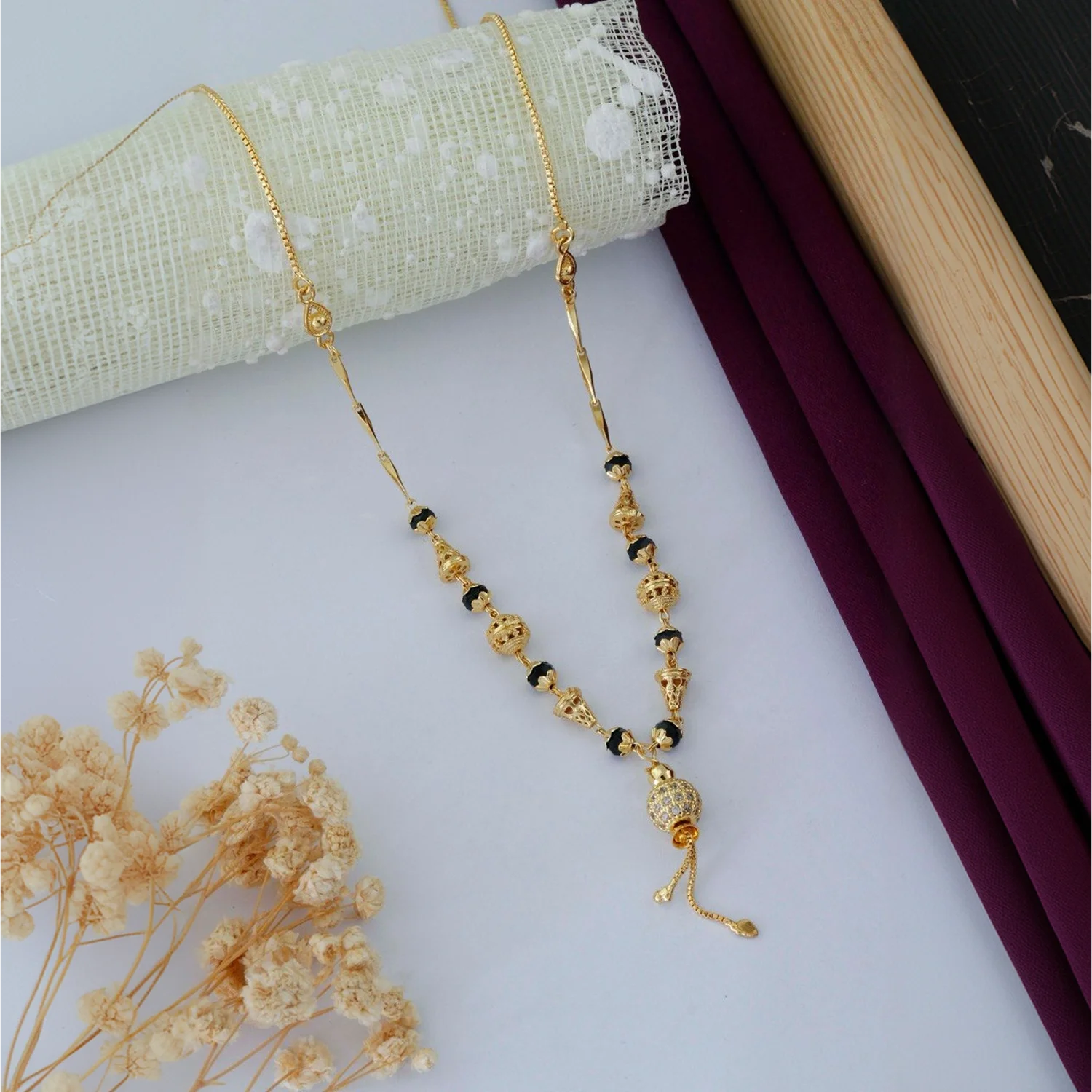 Designer Gold Plated Black Beads Mangalsutra Chain
