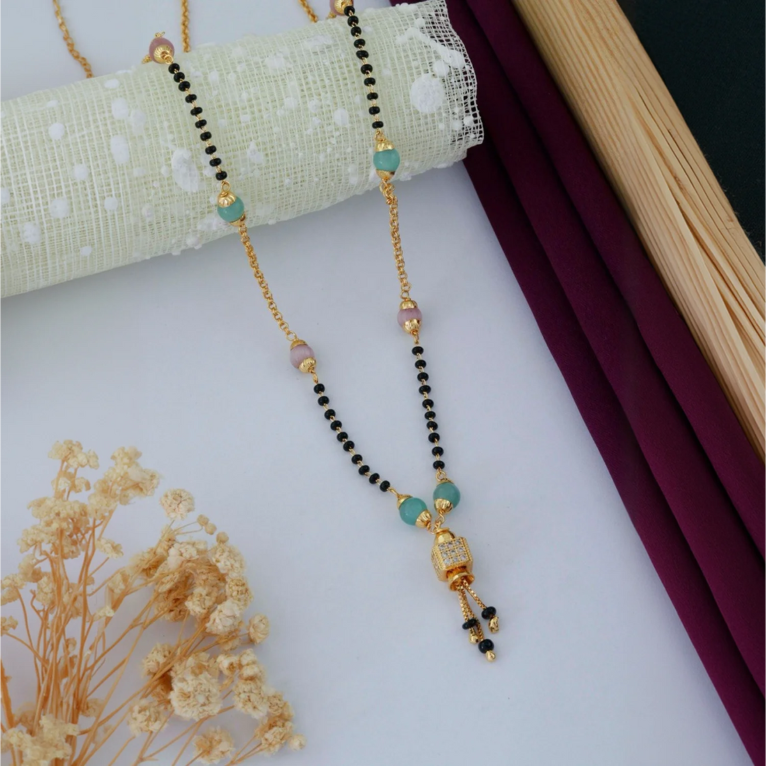 Pastel Green Beads Gold Plated Mangalsutra