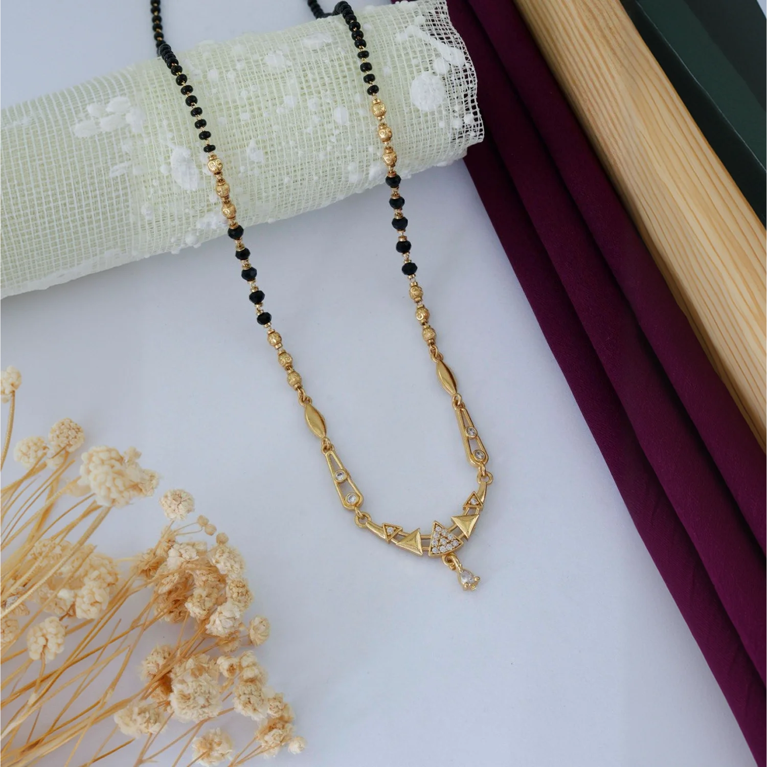 Geometric Gold Plated Black Beads Mangalsutra