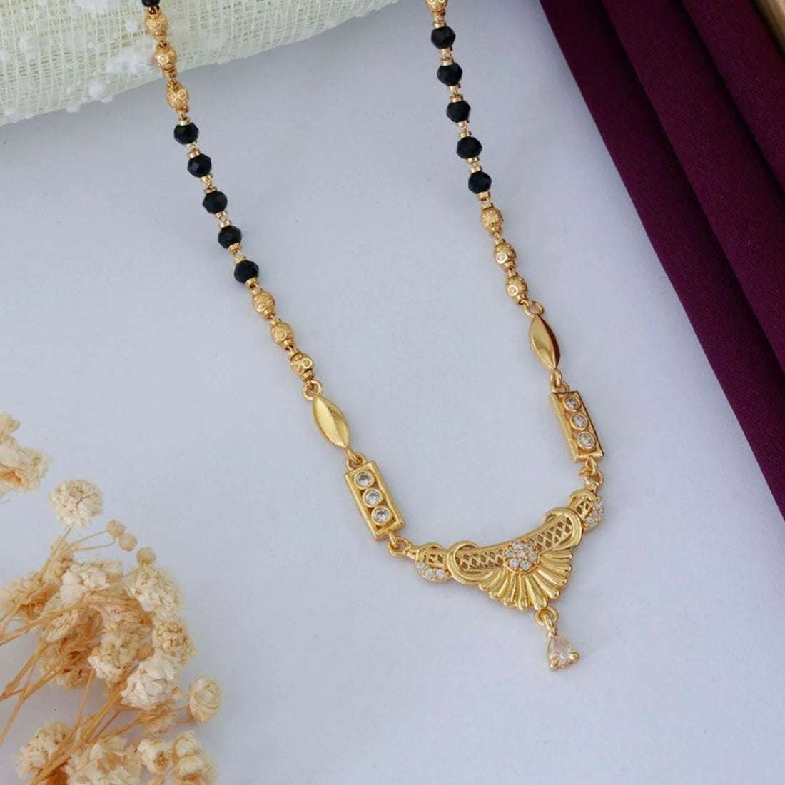 Designer Gold Plated Black Beads Mangalsutra Necklace