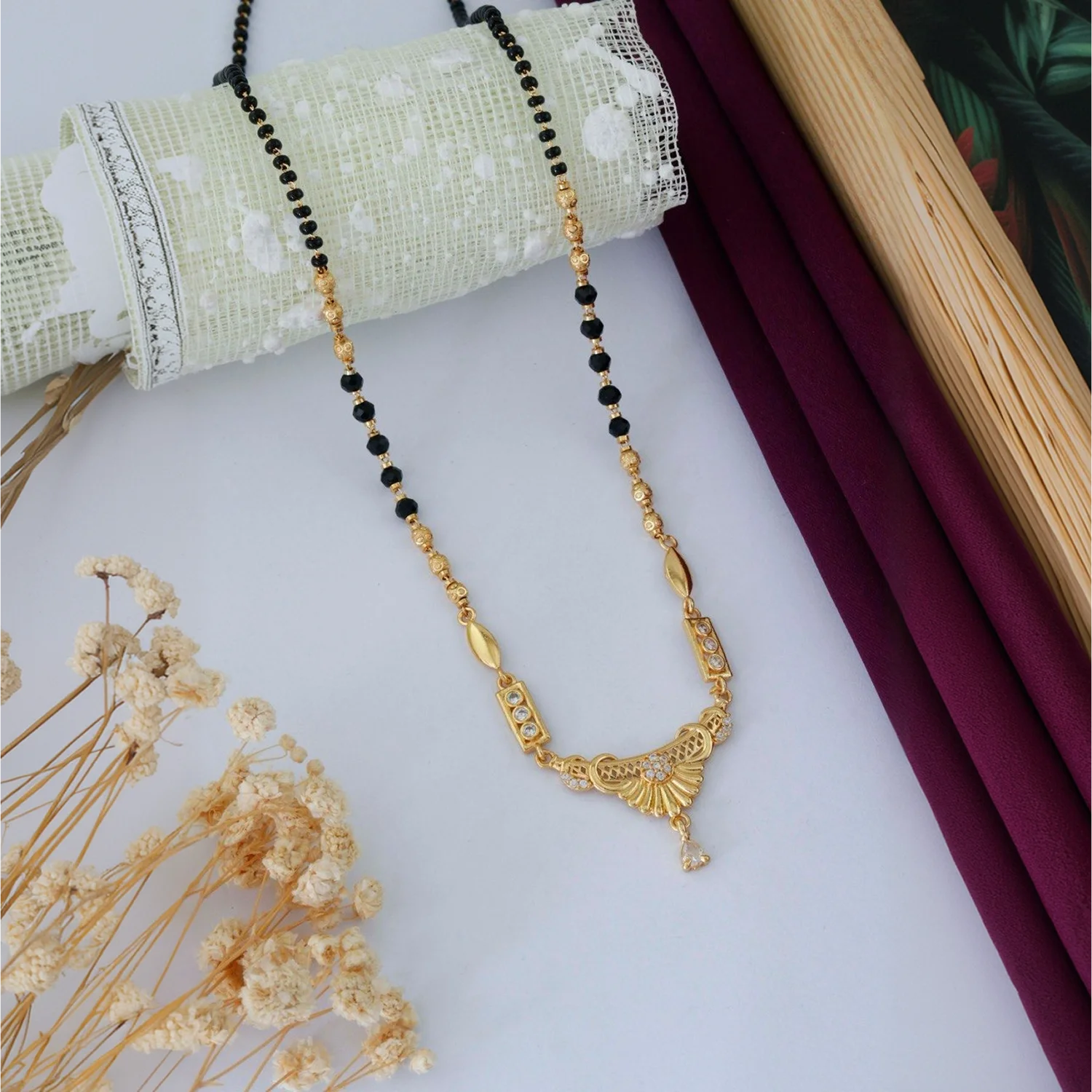 Designer Gold Plated Black Beads Mangalsutra Necklace