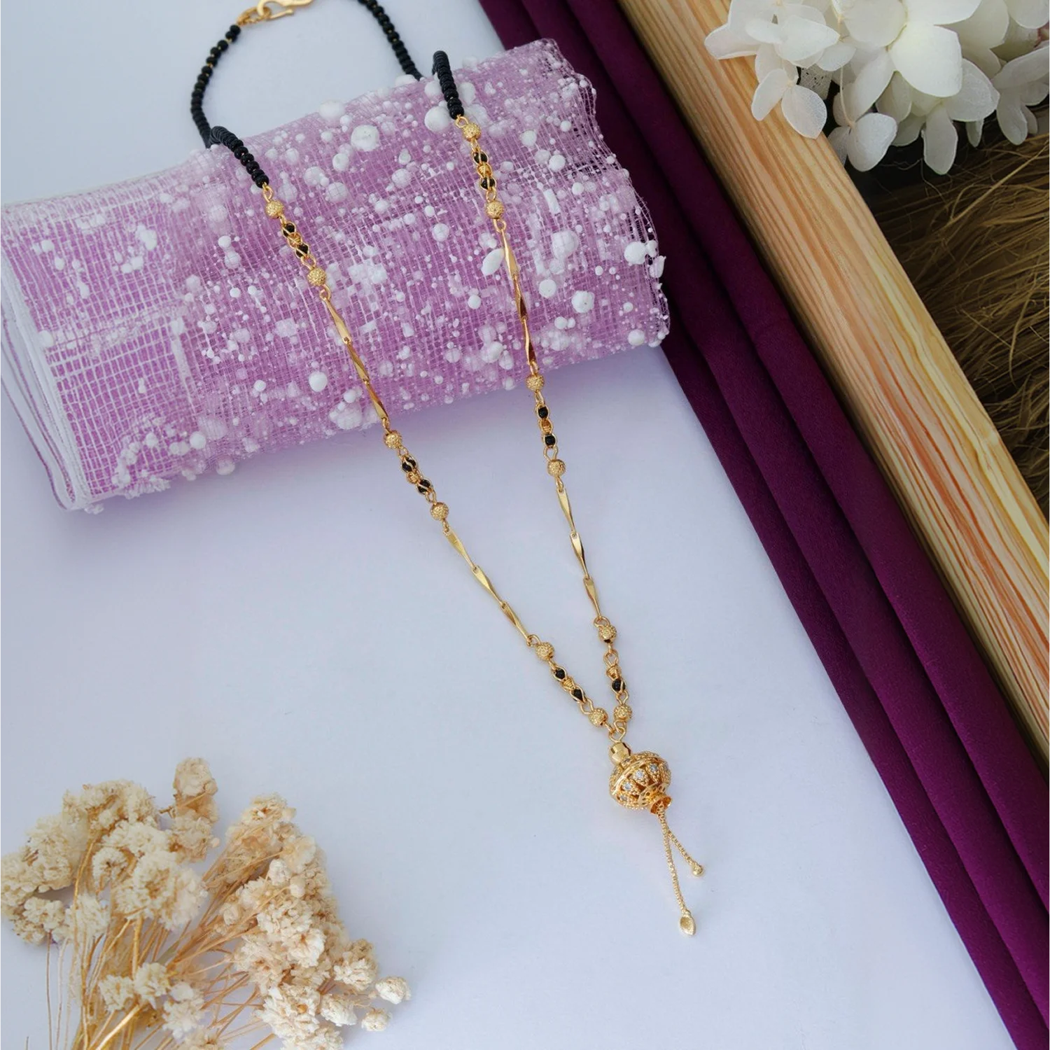 Stylish Gold Plated Black Beads Mangalsutra Chain
