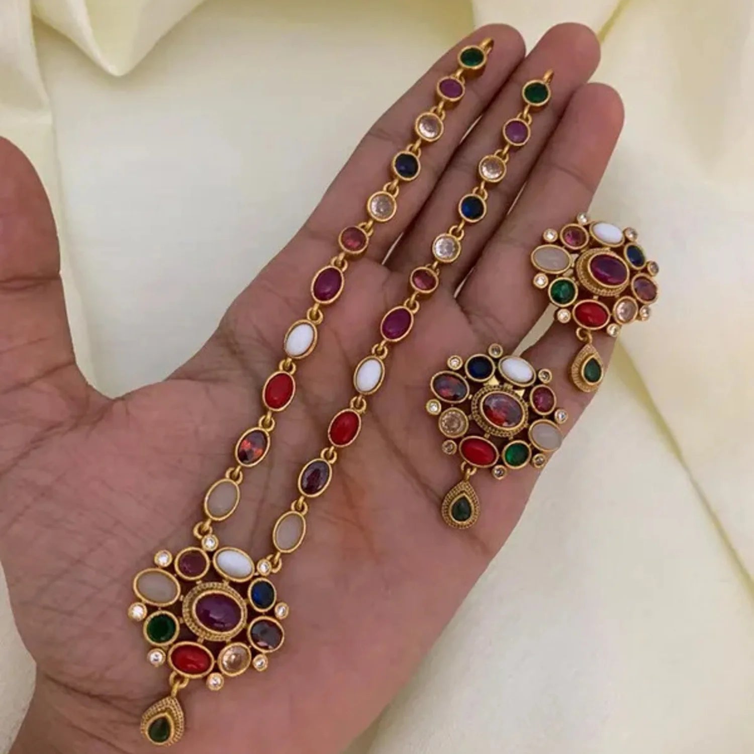 Navratna Gold Plated South Indian Necklace Set with Earrings