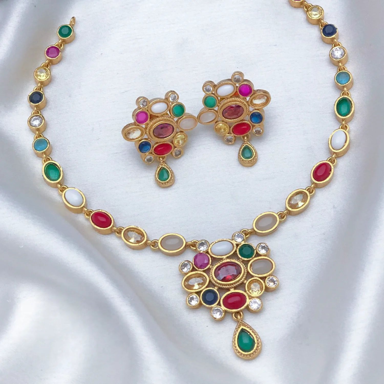 Navratna Gold Plated South Indian Necklace Set with Earrings
