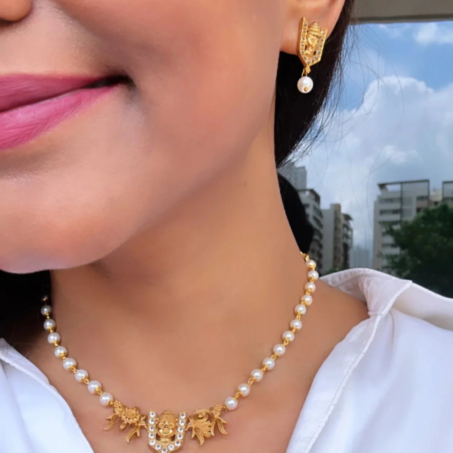 Lakshmi Pearl Temple Choker Set with Earrings