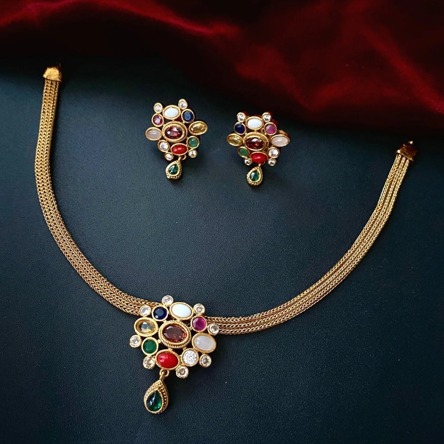 Multicolor Stone Gold Plated Designer Choker Set