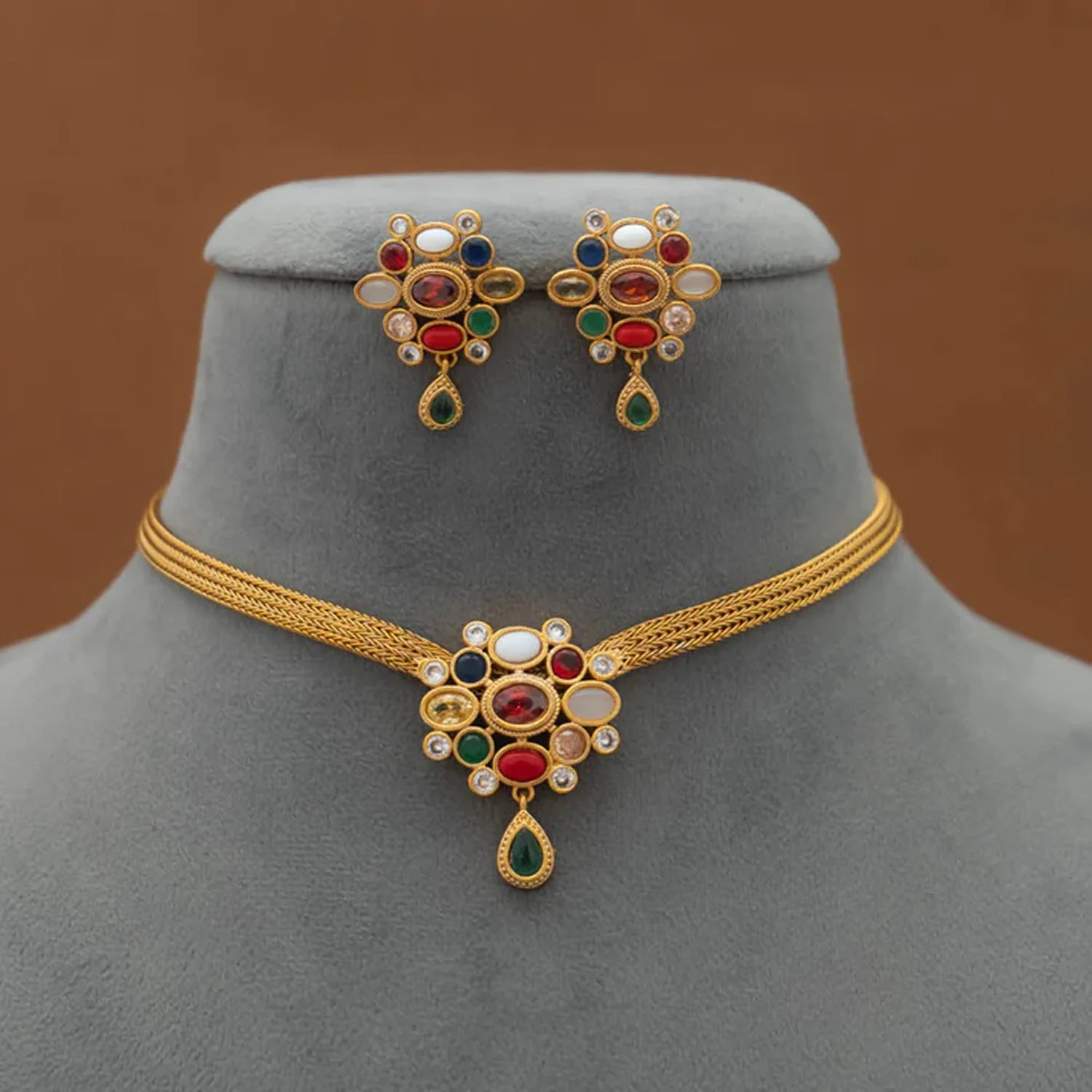 Multicolor Stone Gold Plated Designer Choker Set