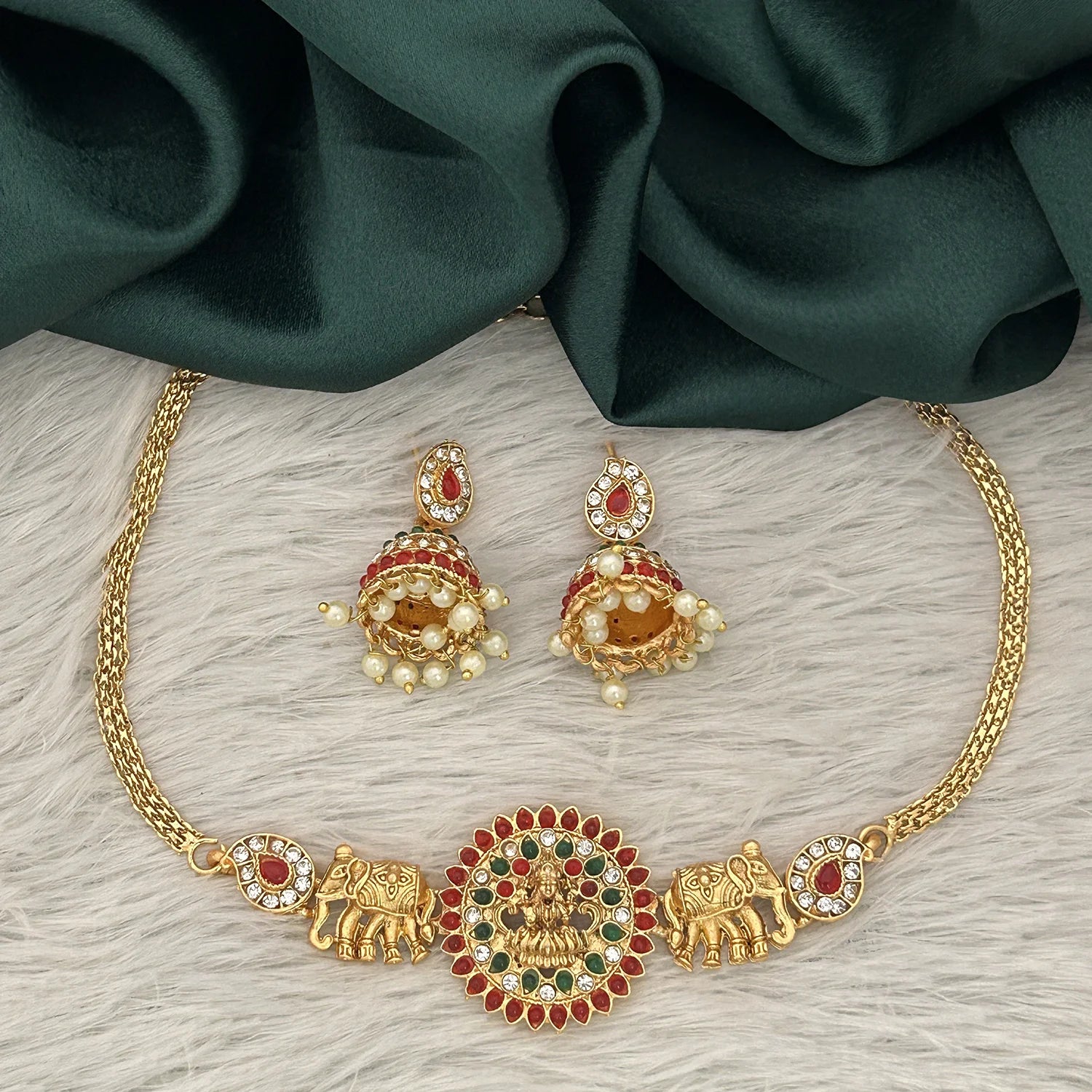 Lakshmi Elephant Temple Gold Plated Choker Set with Jhumka Earrings
