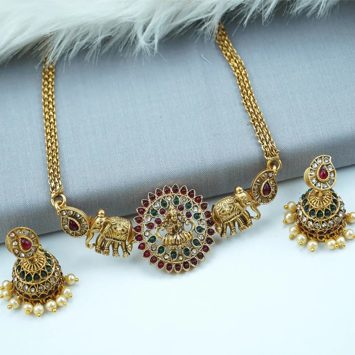 Lakshmi Elephant Temple Gold Plated Choker Set with Jhumka Earrings
