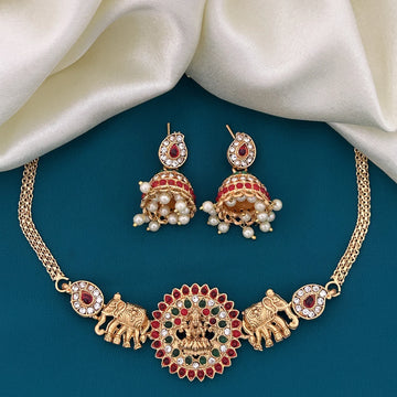 Lakshmi Elephant Temple Gold Plated Choker Set with Jhumka Earrings