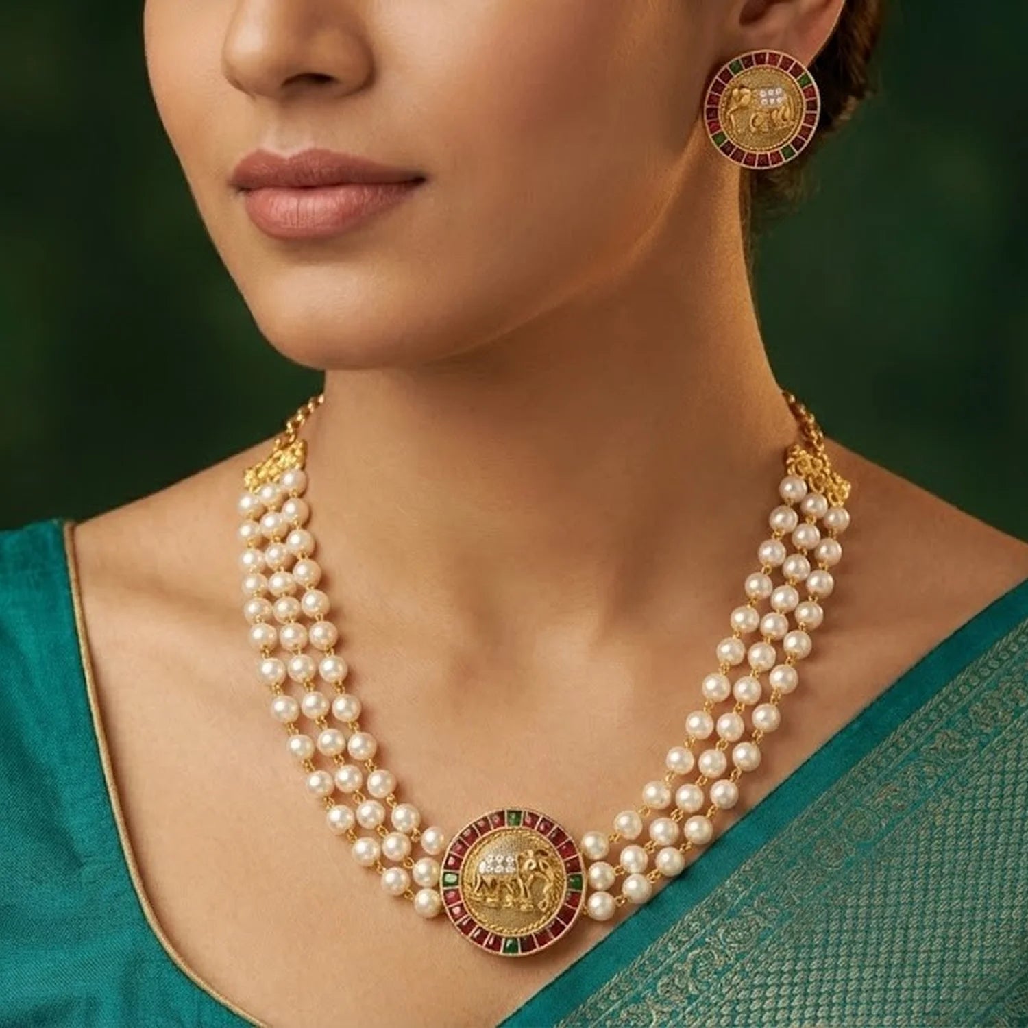Elephant Pearl Gold Plated Choker Set with Stud Earrings