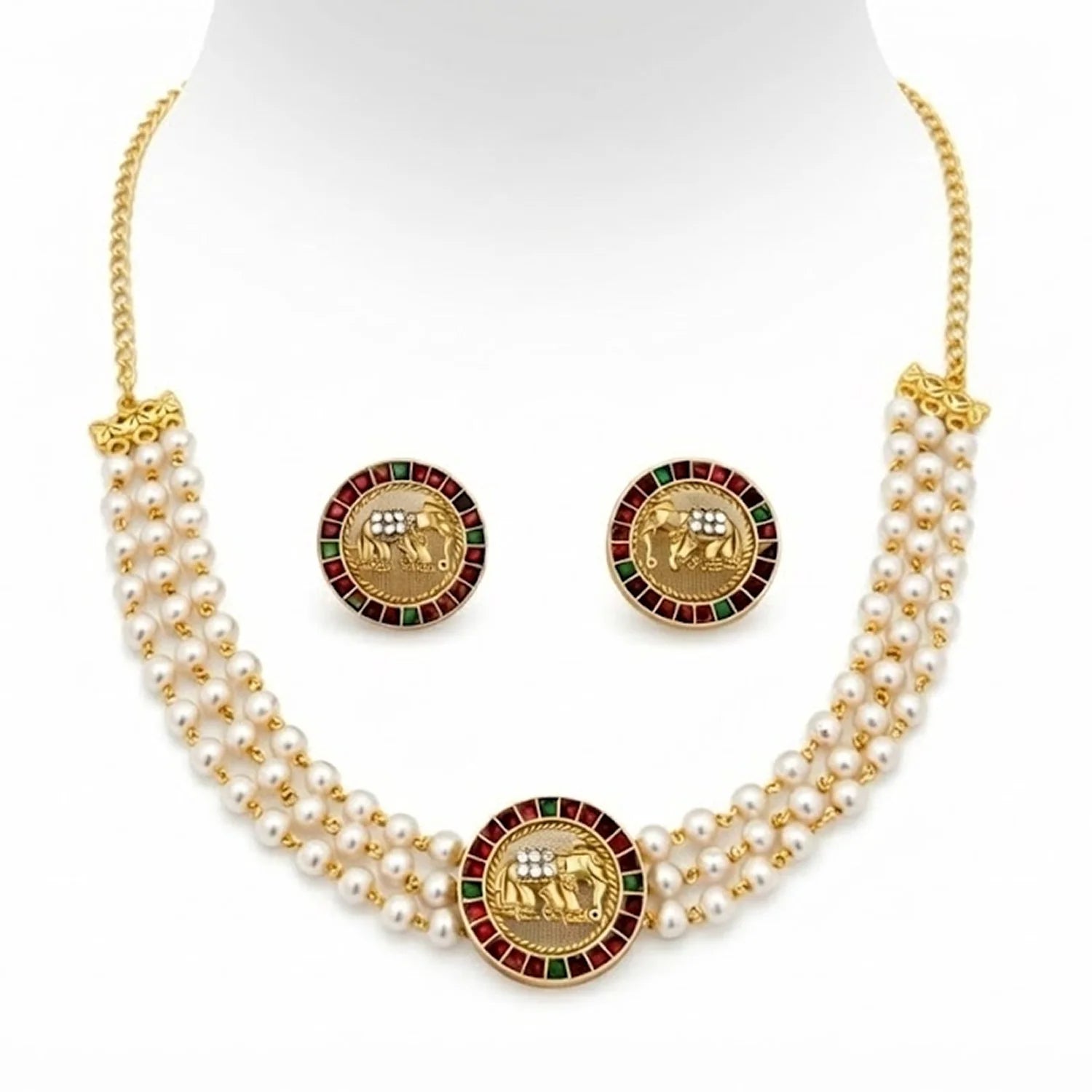 Elephant Pearl Gold Plated Choker Set with Stud Earrings