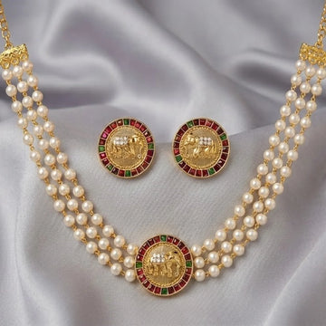 Elephant Pearl Gold Plated Choker Set with Stud Earrings
