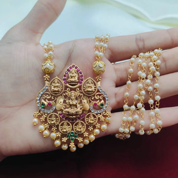 Lakshmi Temple Mala Gold Plated Pendant Set with Pearls