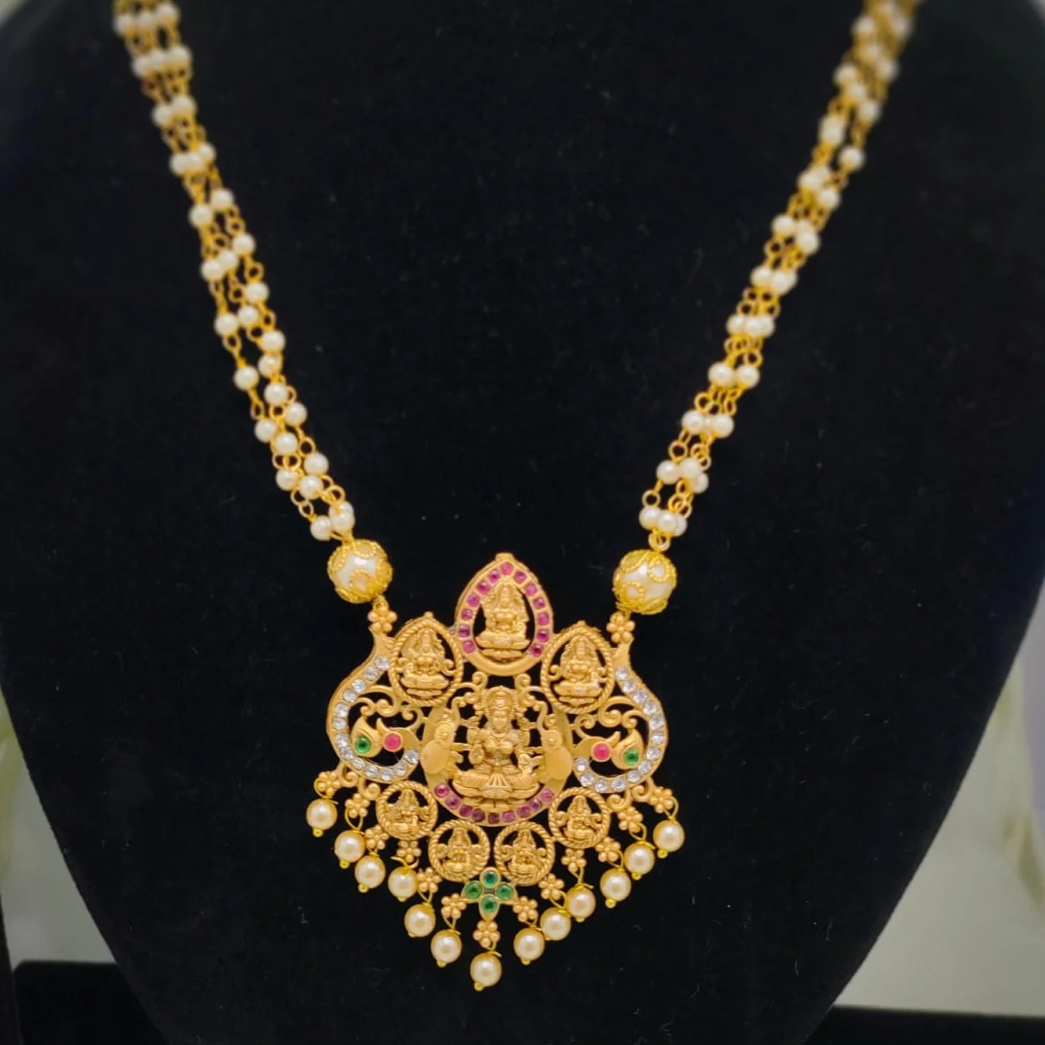 Lakshmi Temple Mala Gold Plated Pendant Set with Pearls