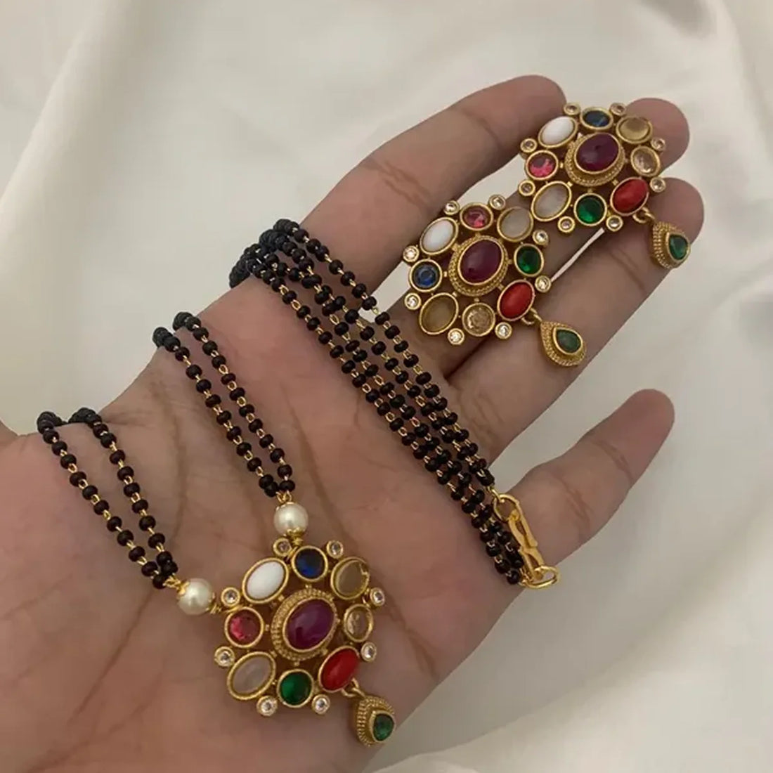 Designer Mangalsutra Pendant Set with Multicolor Stones