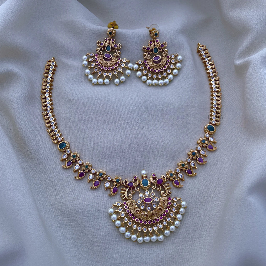Antique Peacock Pearl South Indian Necklace Set