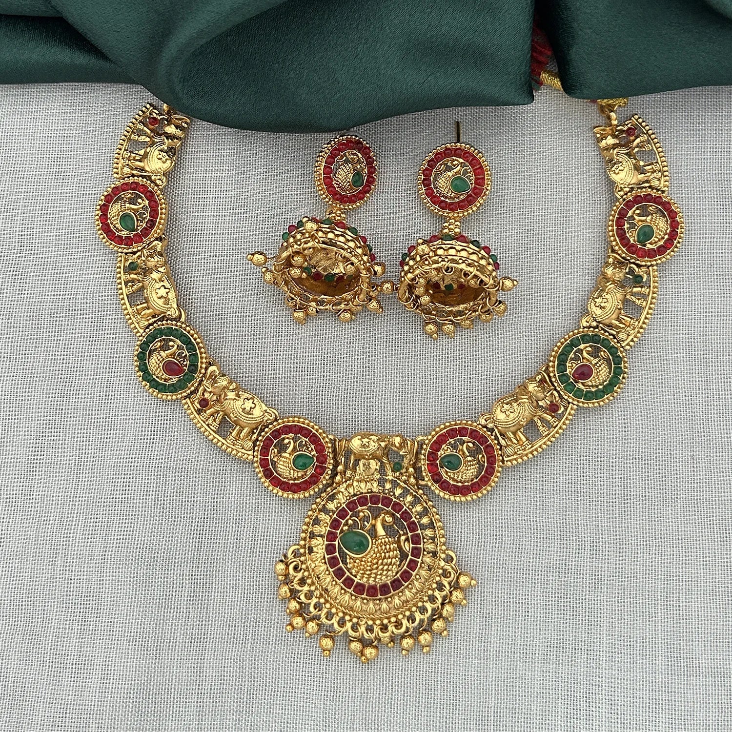 Temple Peacock Gold Plated South Indian Necklace Set