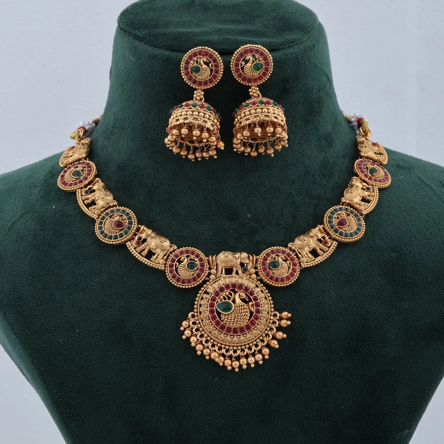 Temple Peacock Gold Plated South Indian Necklace Set