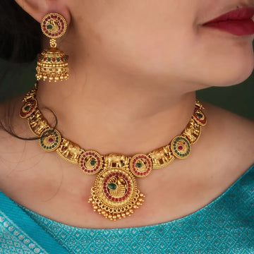 Temple Peacock Gold Plated South Indian Necklace Set