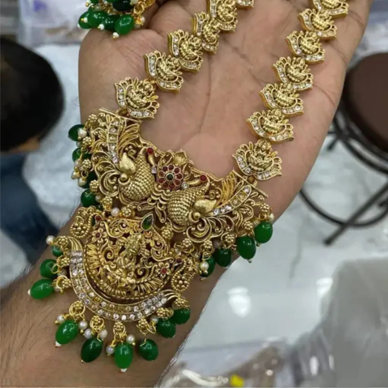Lakshmi Peacock Green Beads South Indian Necklace Set