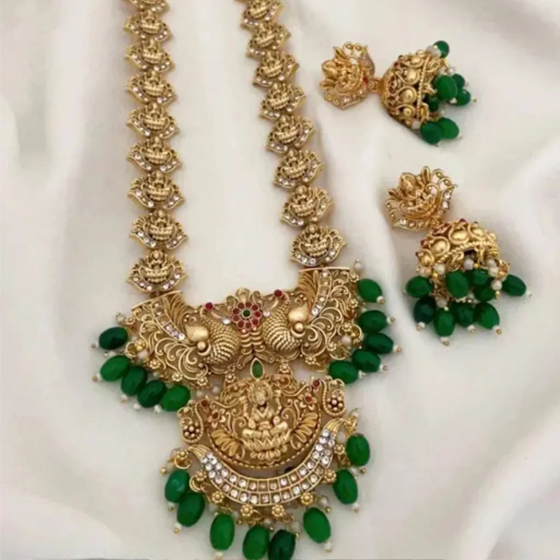Lakshmi Peacock Green Beads South Indian Necklace Set