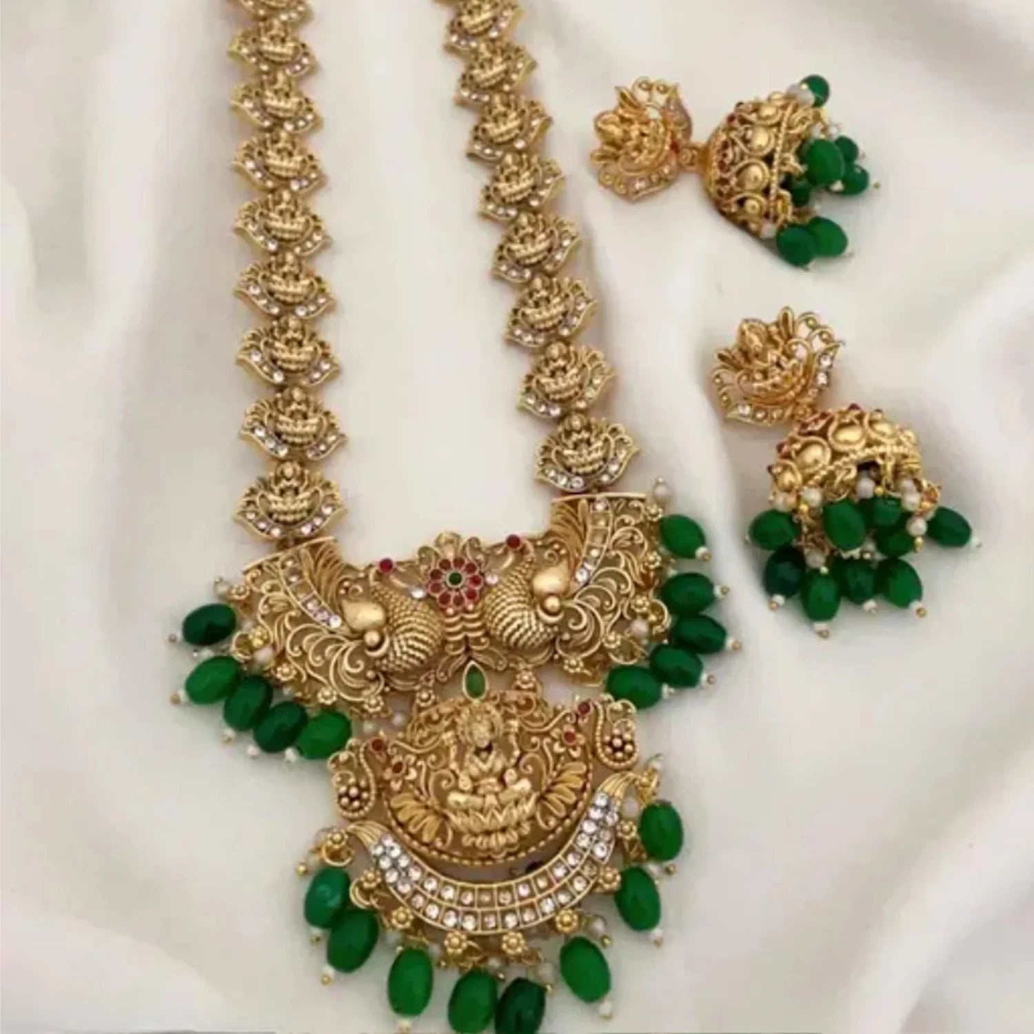 Lakshmi Peacock Green Beads South Indian Necklace Set