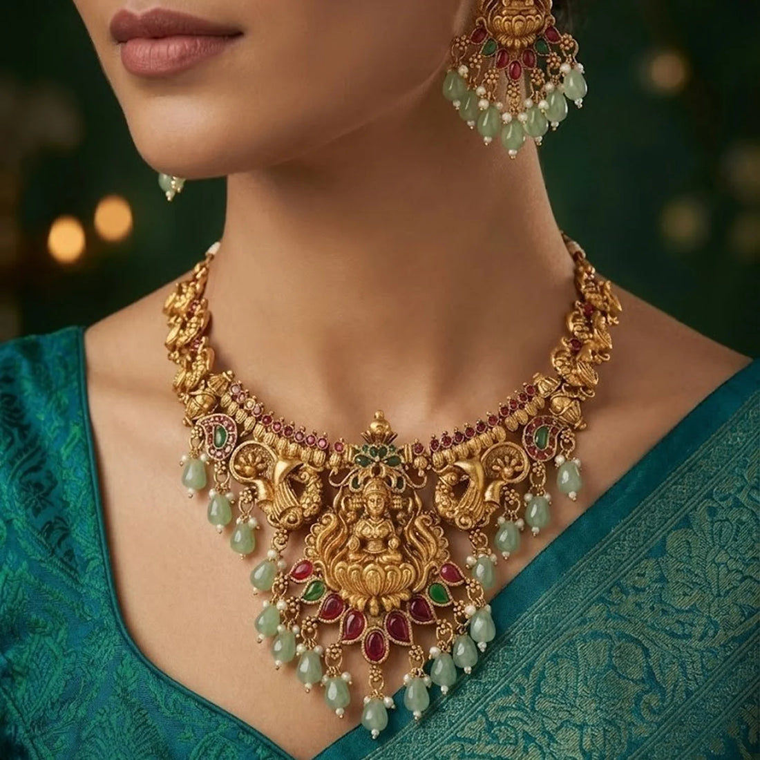 Green Beads Lakshmi Temple South Indian Necklace Set
