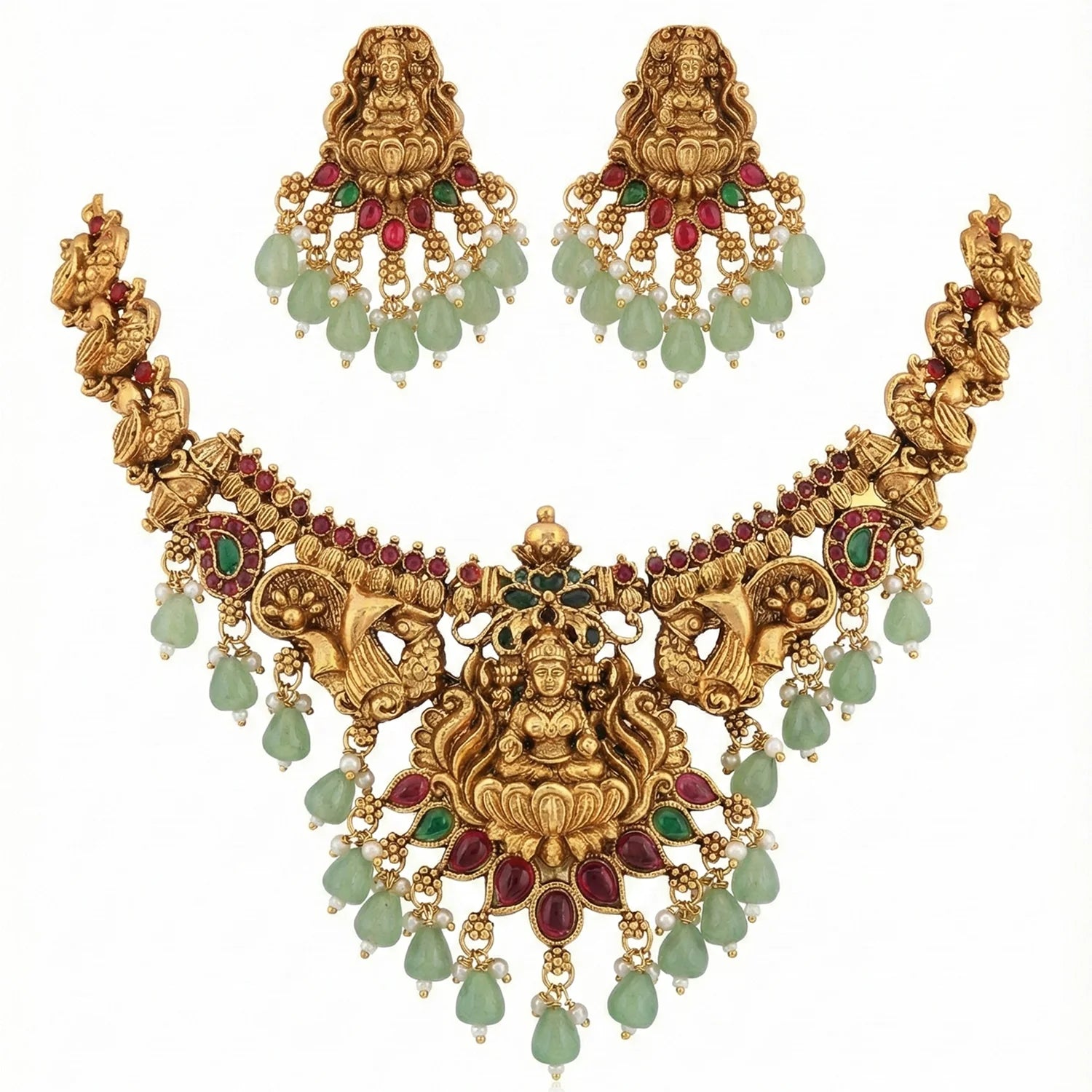 Green Beads Lakshmi Temple South Indian Necklace Set