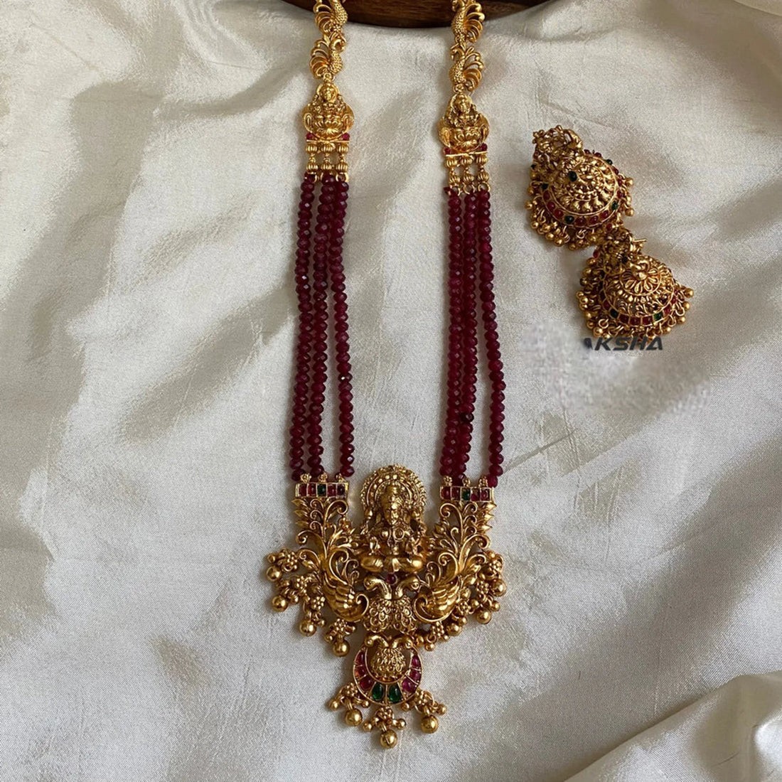 Lakshmi Temple Long Haram Necklace Set with Red Beads