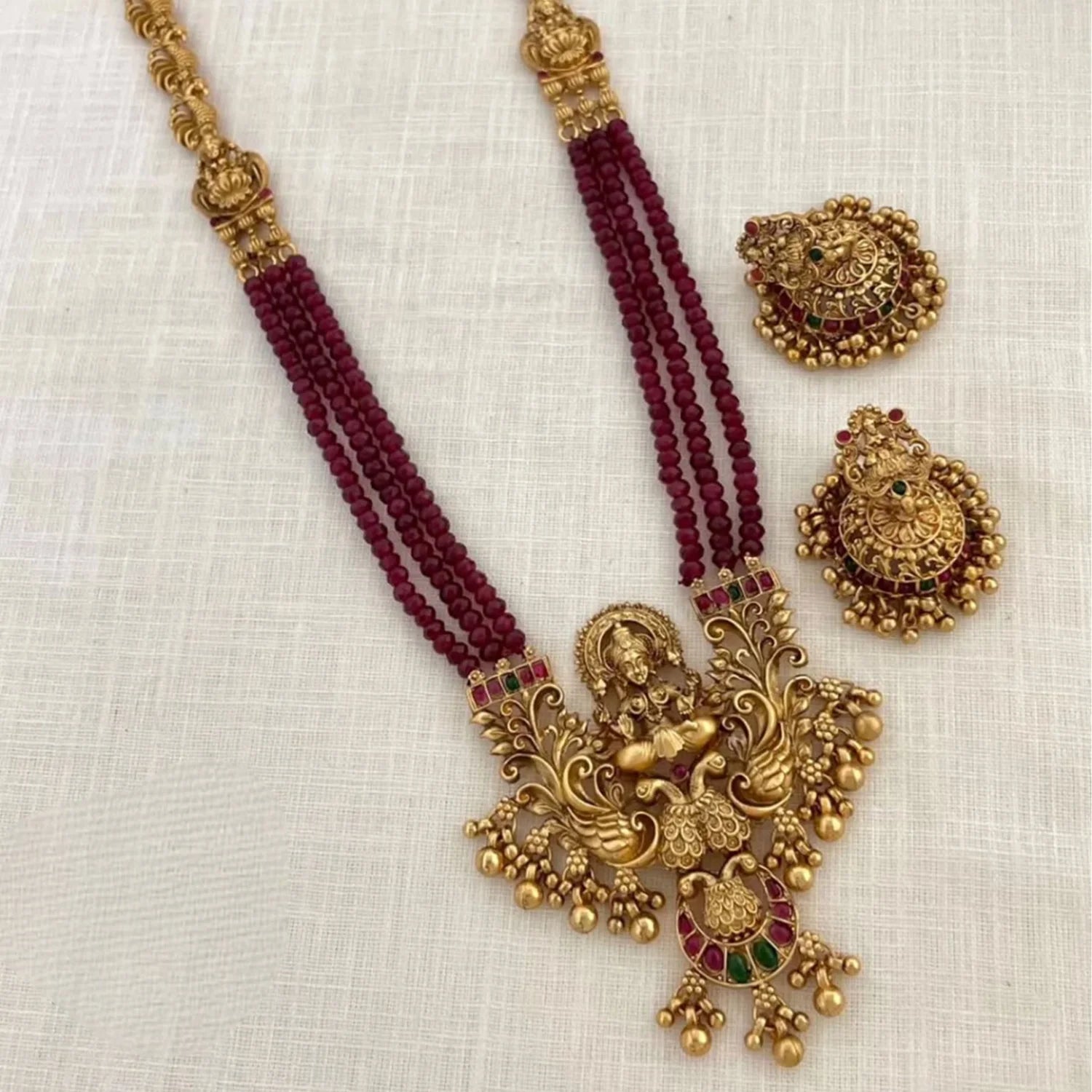 Lakshmi Temple Long Haram Necklace Set with Red Beads