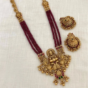 Lakshmi Temple Long Haram Necklace Set with Red Beads