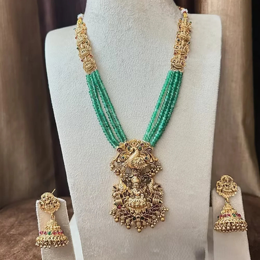 Lakshmi Peacock Green Beads South Indian Long Haram