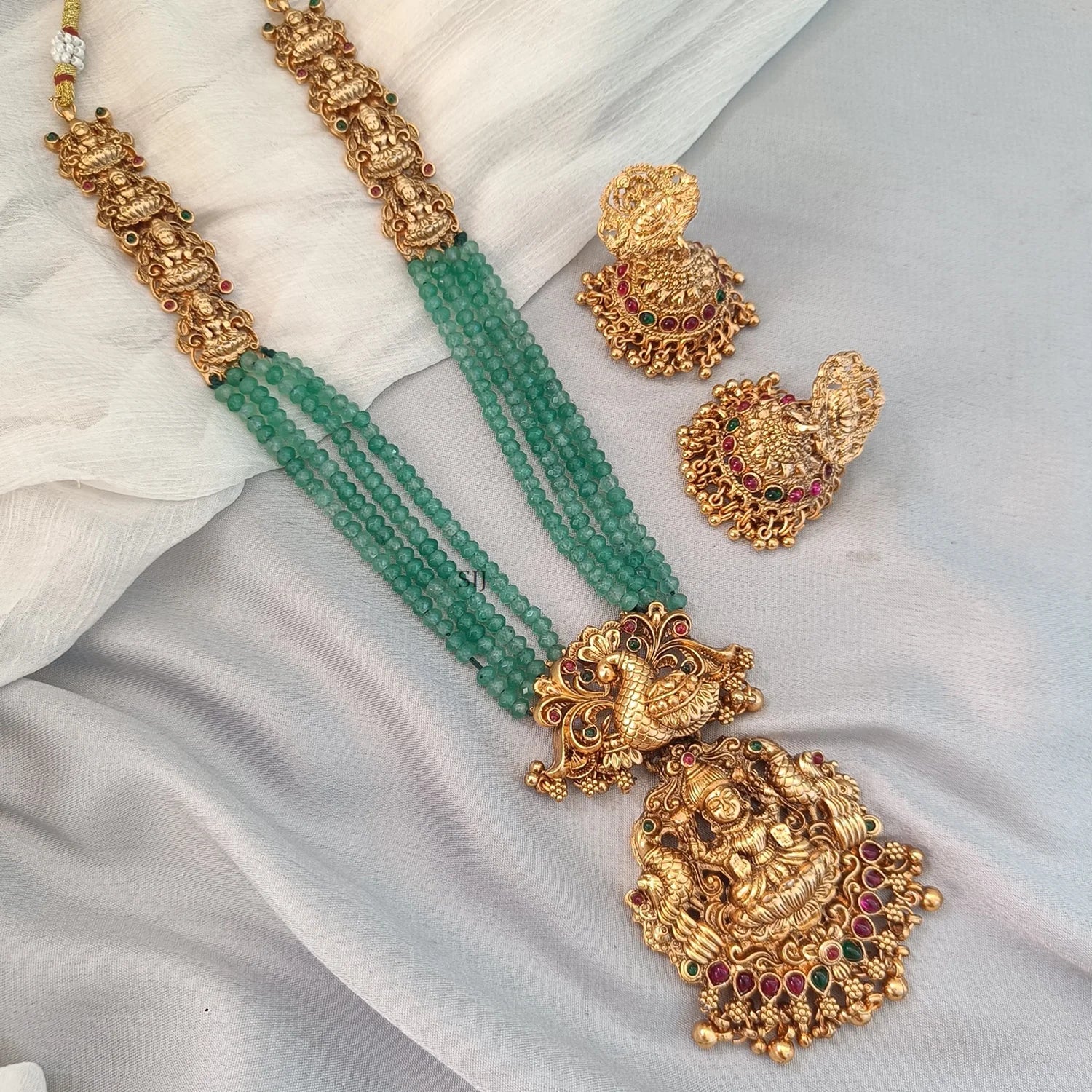 Lakshmi Peacock Green Beads South Indian Long Haram